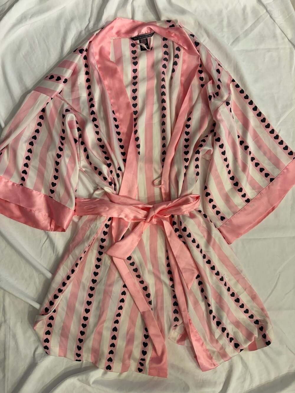 Victoria's Secret Satin Robe M/L Pink White Stripe Hearts
